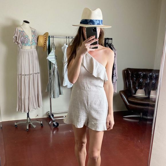 INTERMIX Pants - INTERMIX Ossa One Shoulder Linen Striped Romper